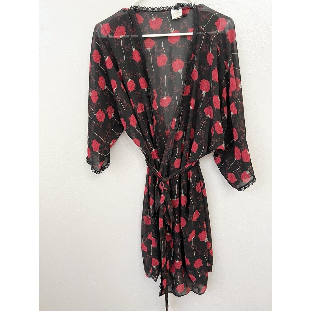 Gillian&OMalley Black Sheer Lace Details Robe Size L/XL Whimsy Goth Floral